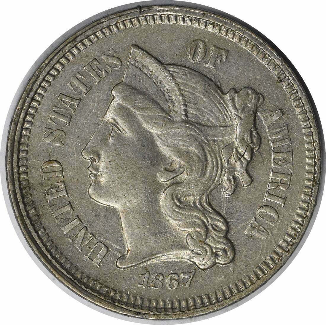 1867 Three Cent Nickel Slider Au Uncertified