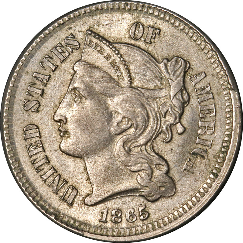 1865 Three (3) Cent Nickel Choice Bu Great Eye Appeal Strong Strike