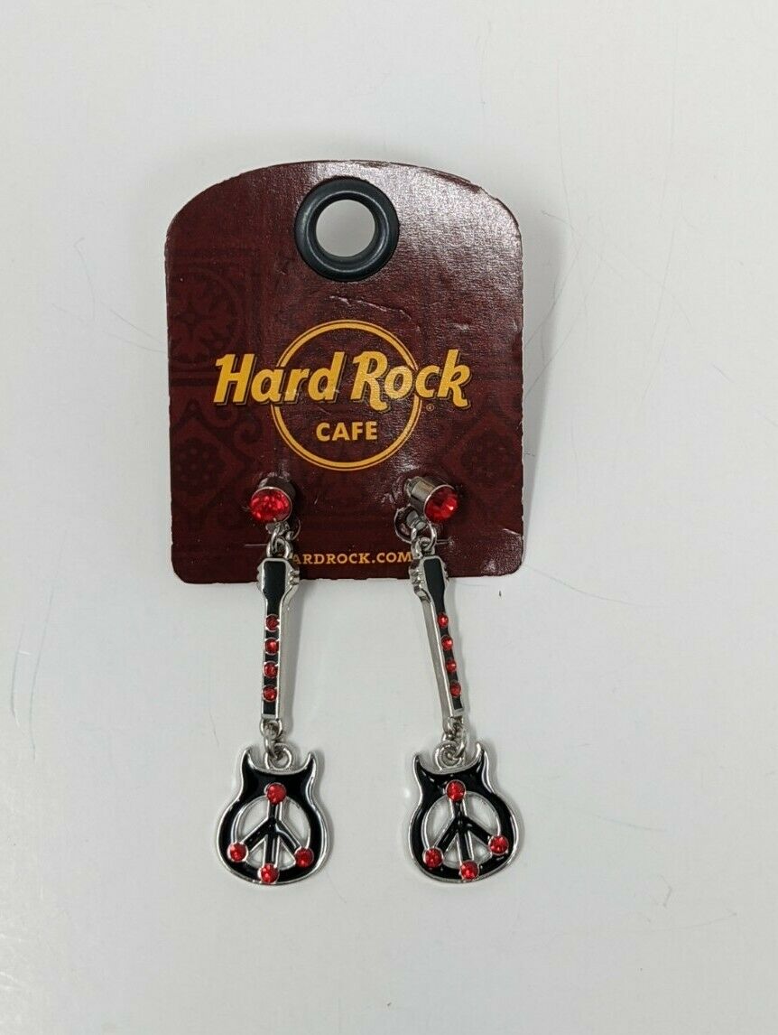 Hard Rock Cafe Earrings Peace Sign Guitars Black Red Rhinestones New
