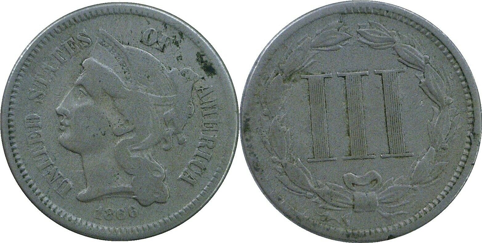 1866 3cn Three Cent Nickel Fine