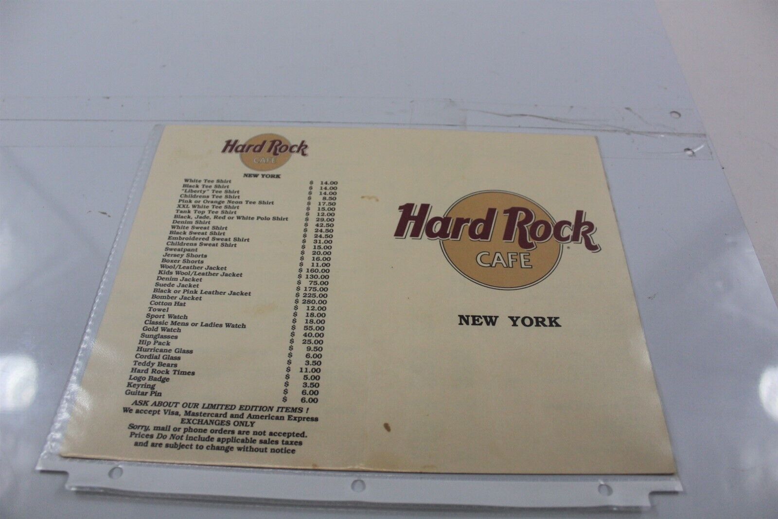 Ca. 1993 Hard Rock New York Menu Collectible