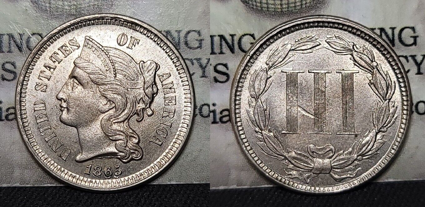 1865/1865 Three Cent Nickel 3c Strike Through Error Reverse -choice Unc.