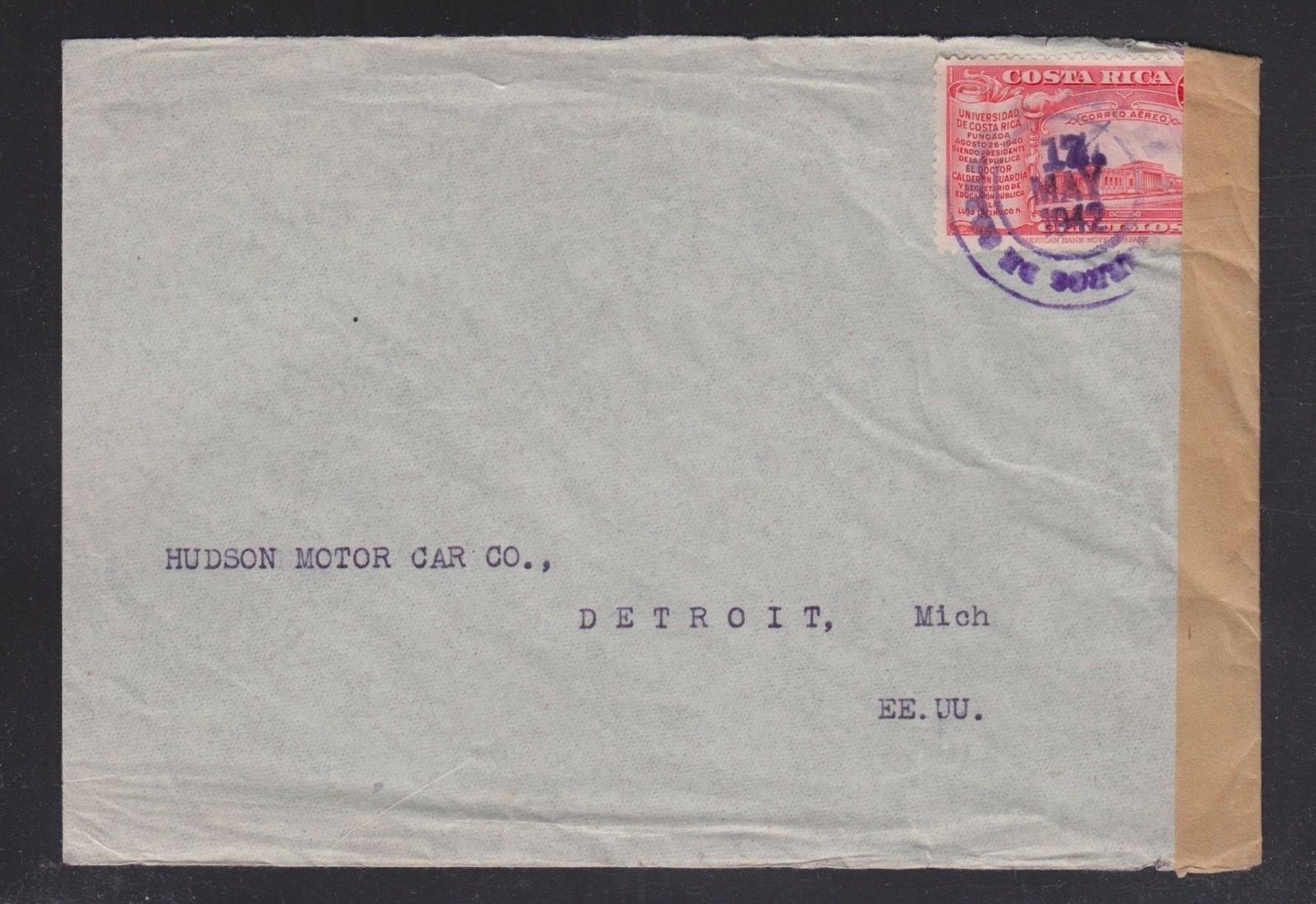 Costa Rica 1942 Wwii New Orleans Censored Cover San Jose To Detroit Michigan Us