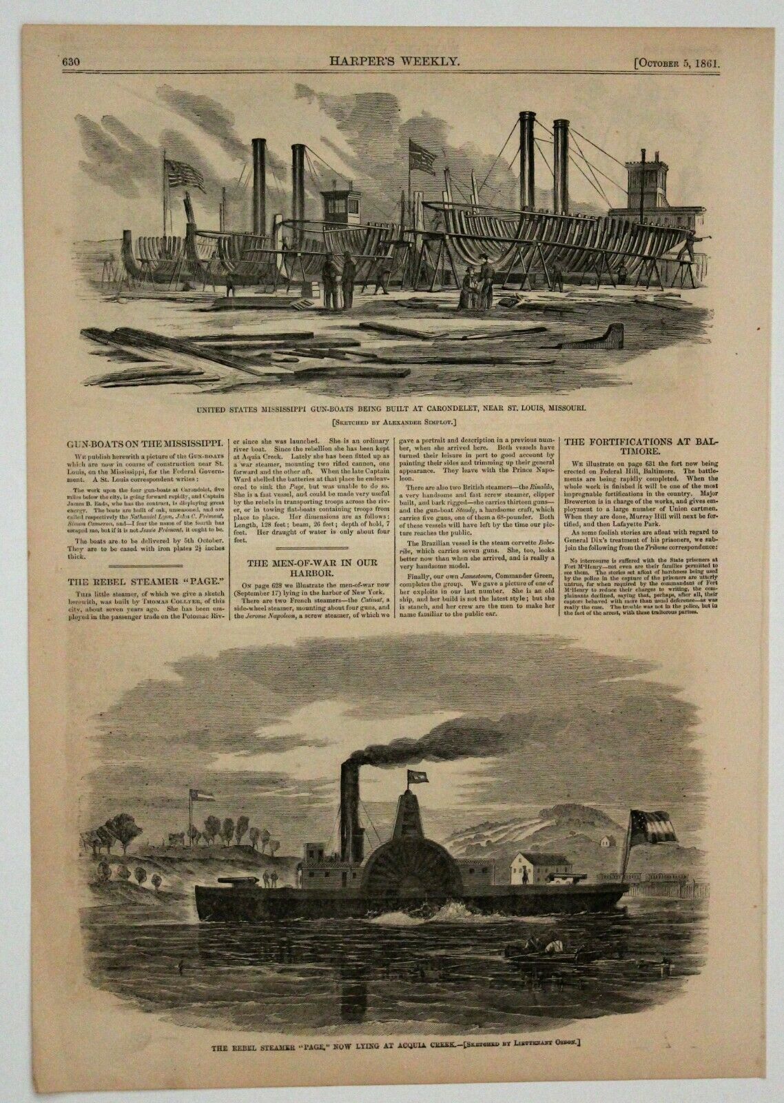 "rebel Steamer "page" Harper's Weekly Antique Rare  Original 1861