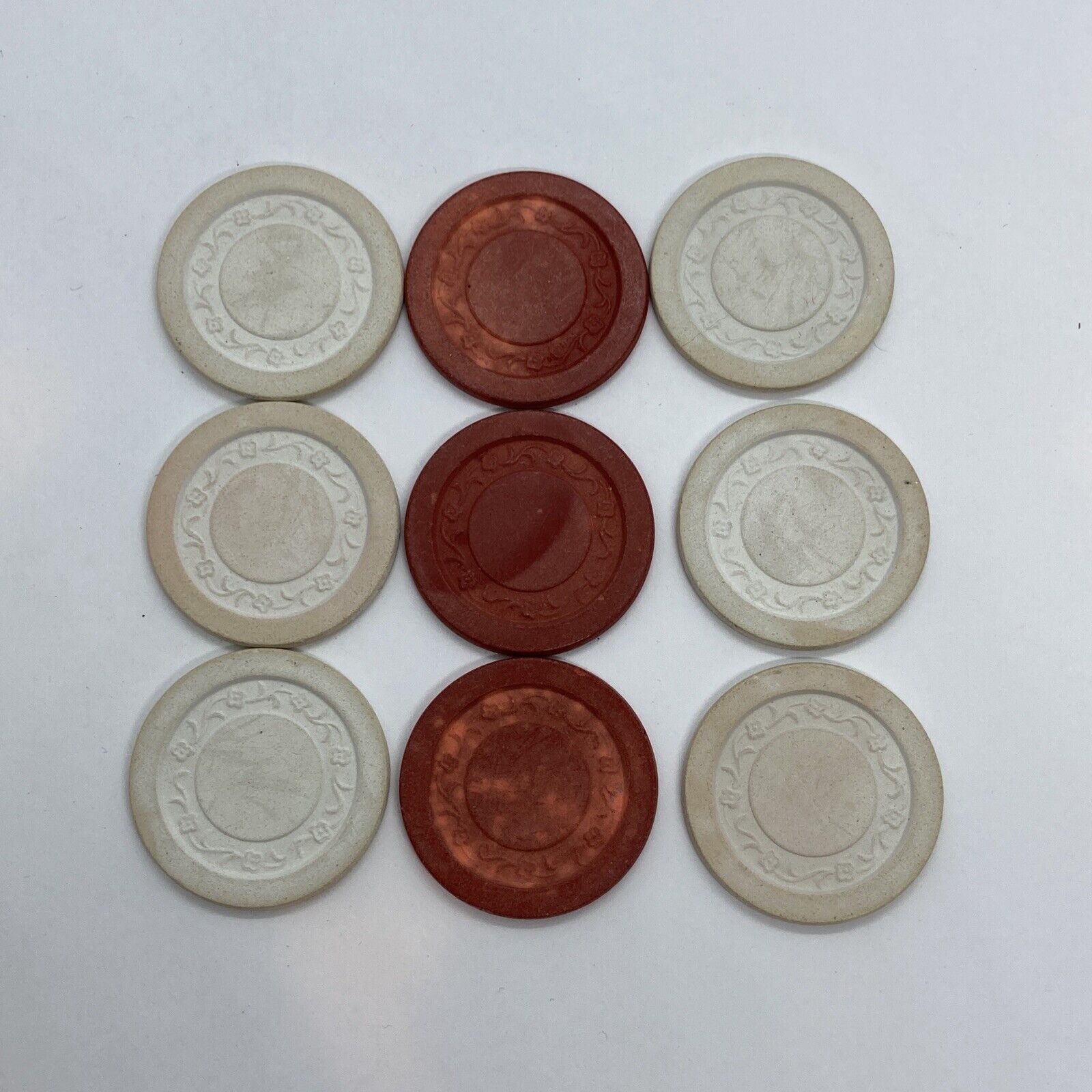Antique Lot Of 9 Clay Composite Poker Chips Stamped Red , White