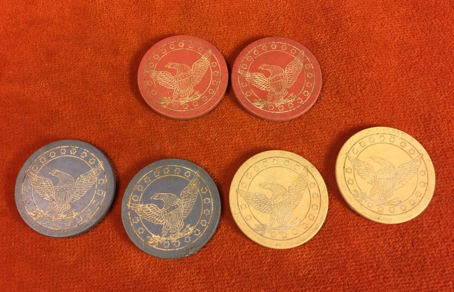 Lot Of 6 Antique Vintage Red White & Blue Federal Eagle Poker Chips