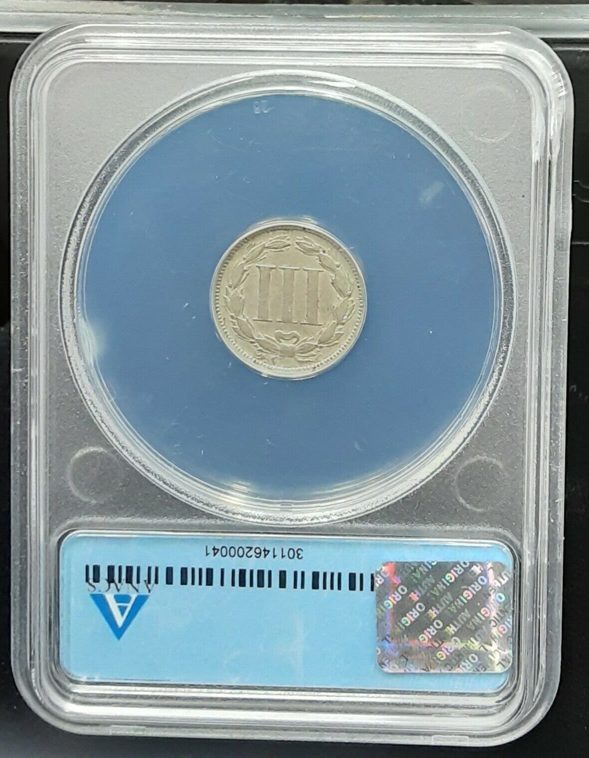 Nickel Three Cent Pieces 1865  Anacs Genuine (97 - Environmental Damage)
