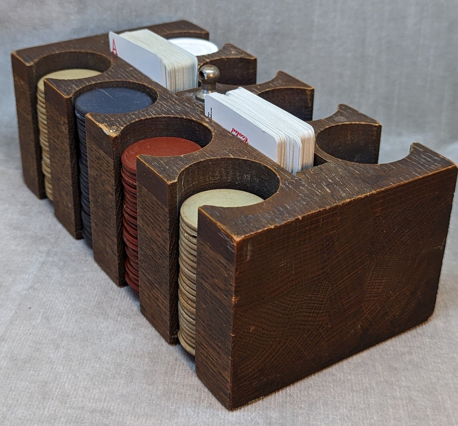 Vintage Rectangle Wood Poker Caddy Holder  95 + Clay Chips & 2 Sets Of Cards