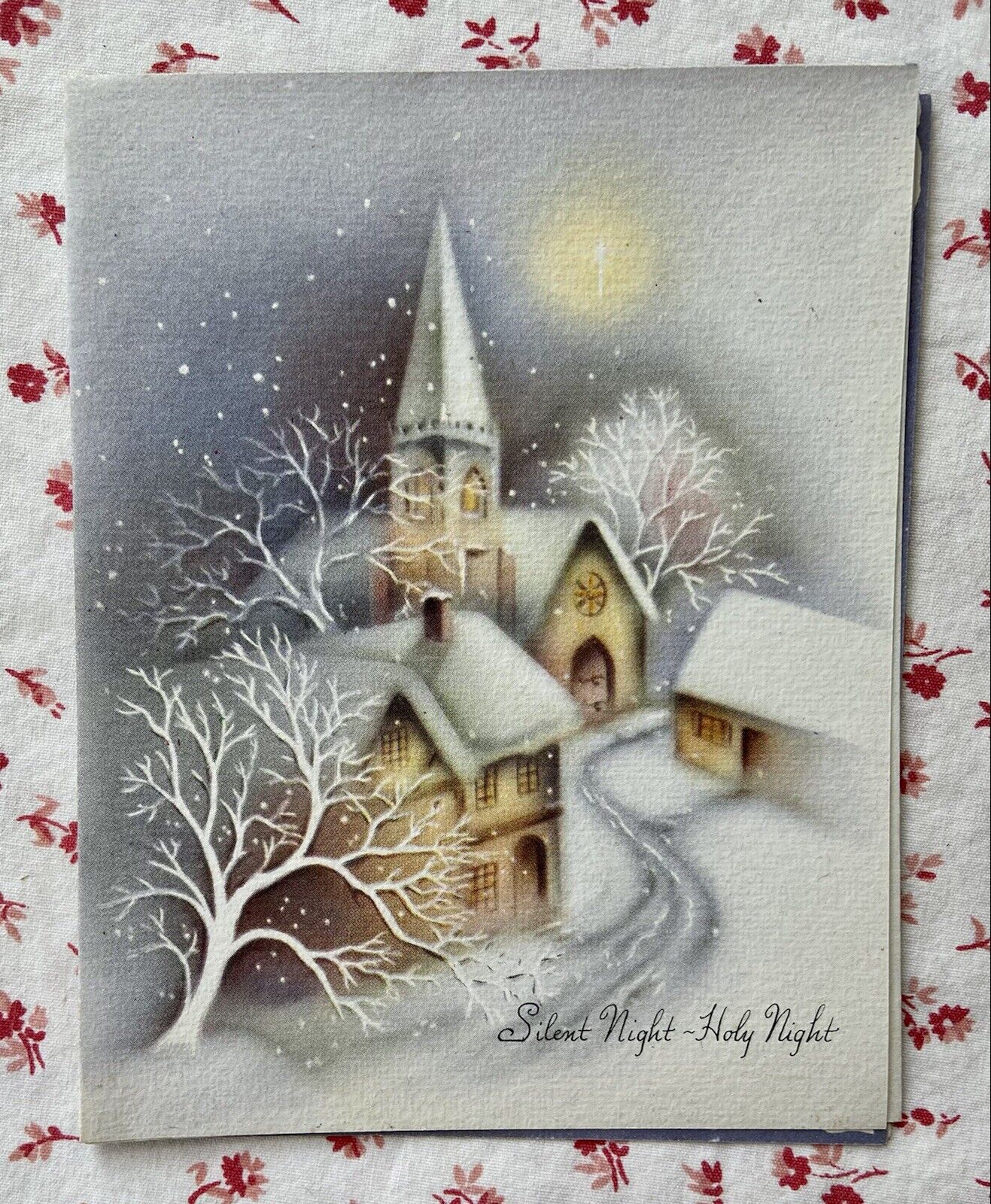 Vintage Mid Century Unused Christmas Silent Night Snowy Church Greeting Card