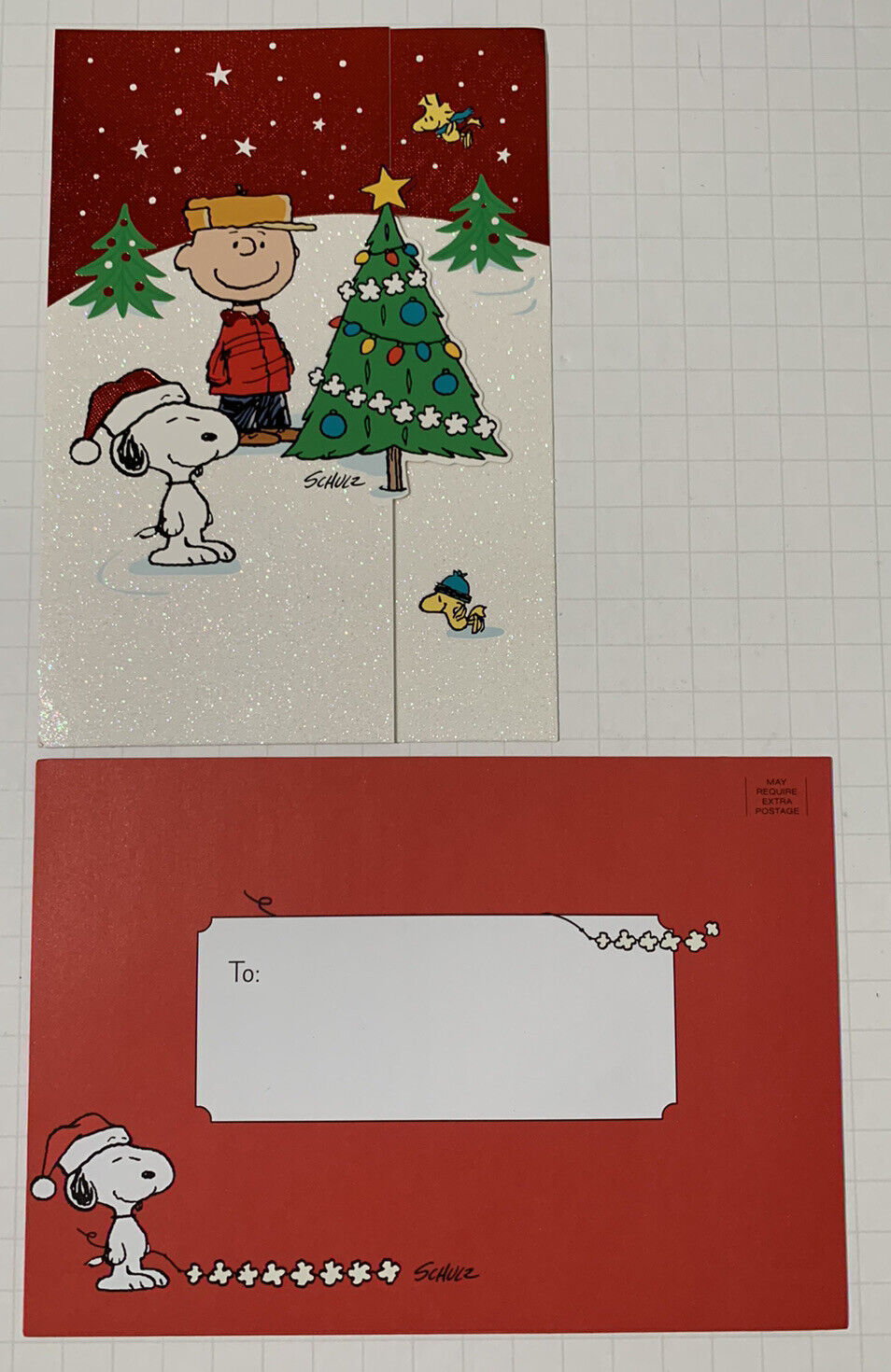 Peanuts Christmas Greeting Card Snoopy Charlie Brown Tree Glitter Hallmark