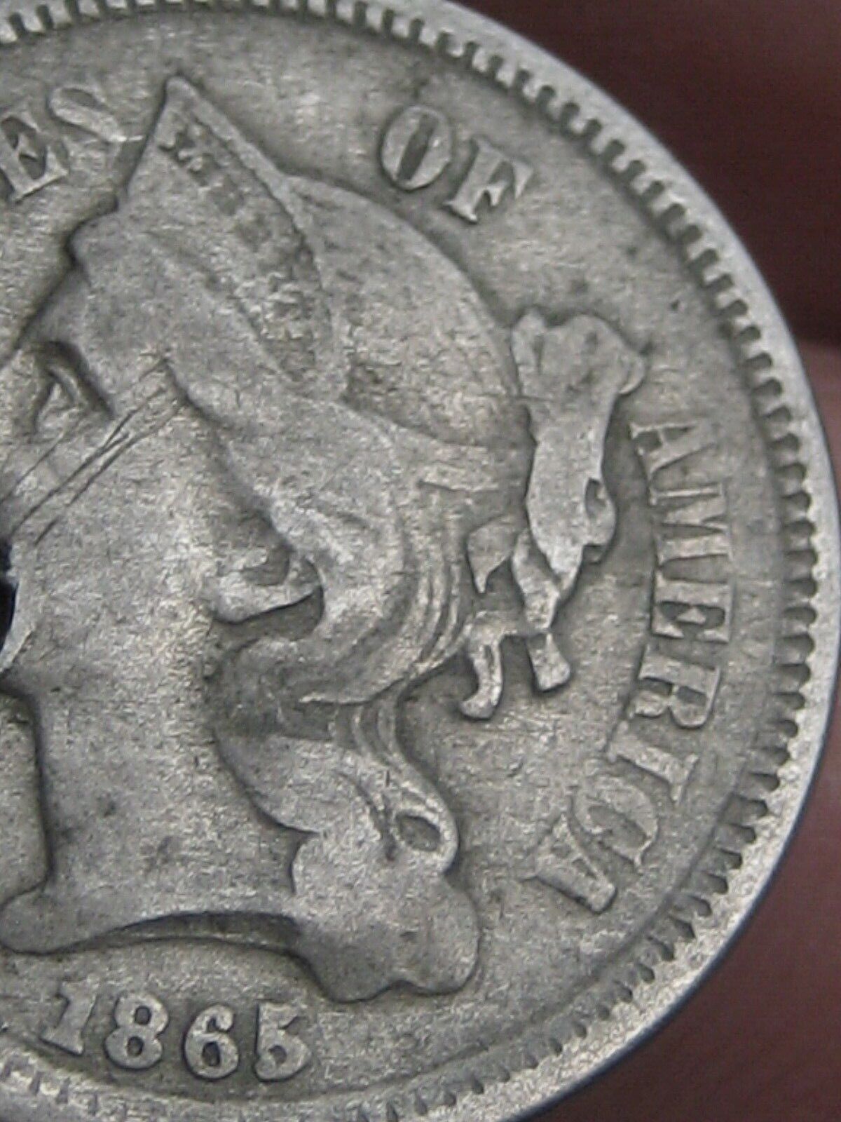 1865 Three 3 Cent Nickel 3cn- Vg/fine Details