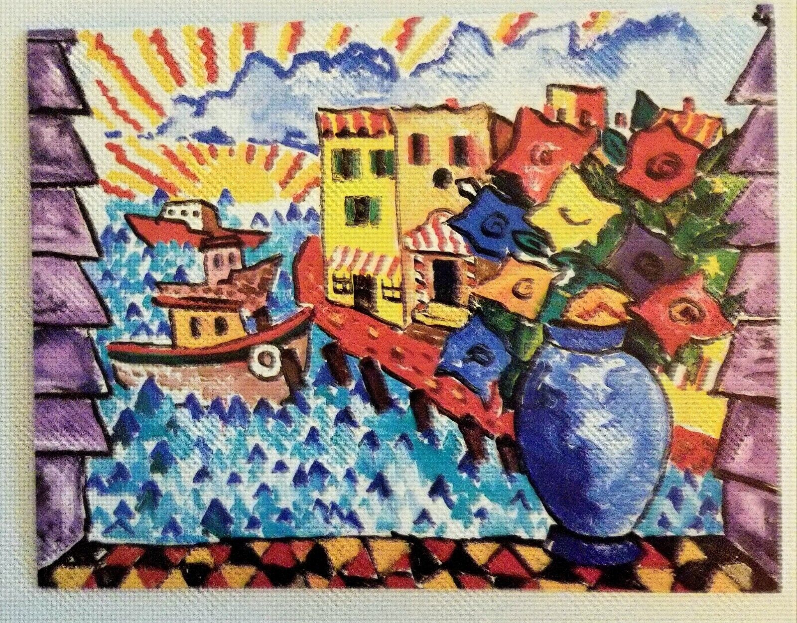 Waterfront Cityscape  Note Card.  Colorful.  Unused