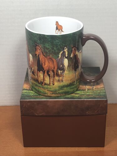 The Lang Ceramic Coffee Mug Horse “evening Gold” 2007 Brown Green 14 Oz 4” H New