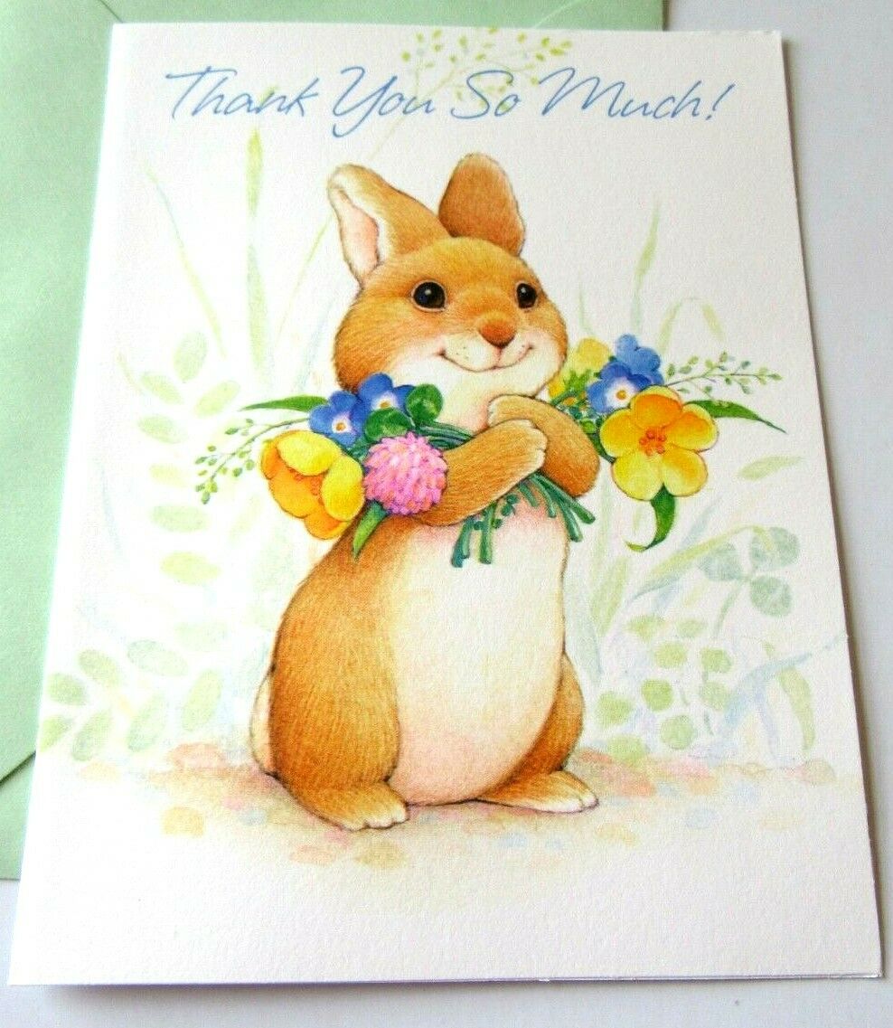 Vintage Greeting Card Thank You Cute Bunny With Bouquet Of Spring Flowers