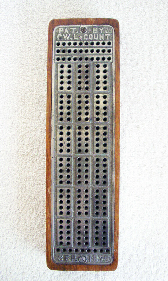 Antique Wood Cribbage Board With Cast Aluminum Top And Playing Card, 1879