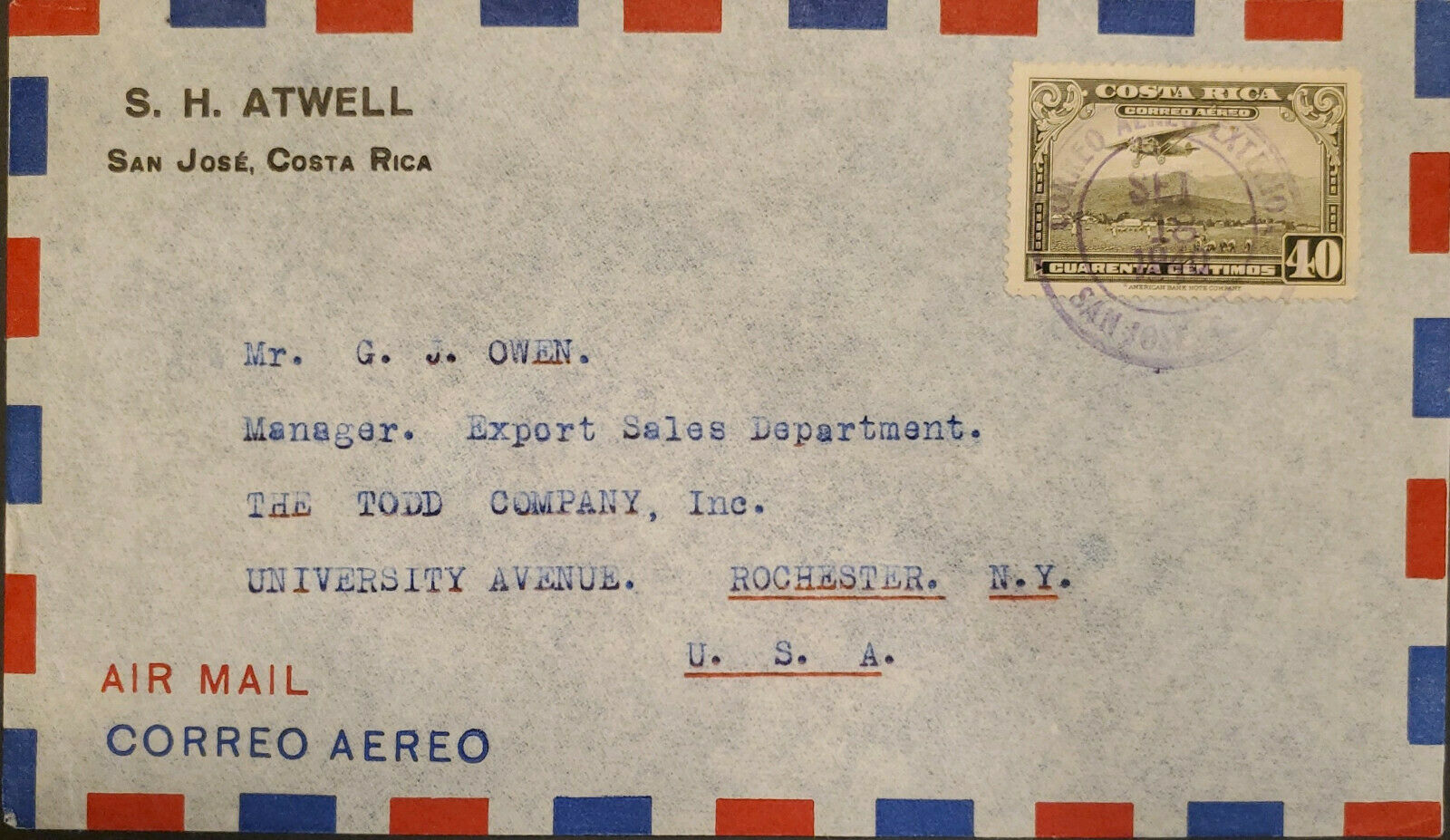 L) 1940 Costa Rica, Mail Plane About To Land, Airplane, 40 Cents, Airmail, Circu