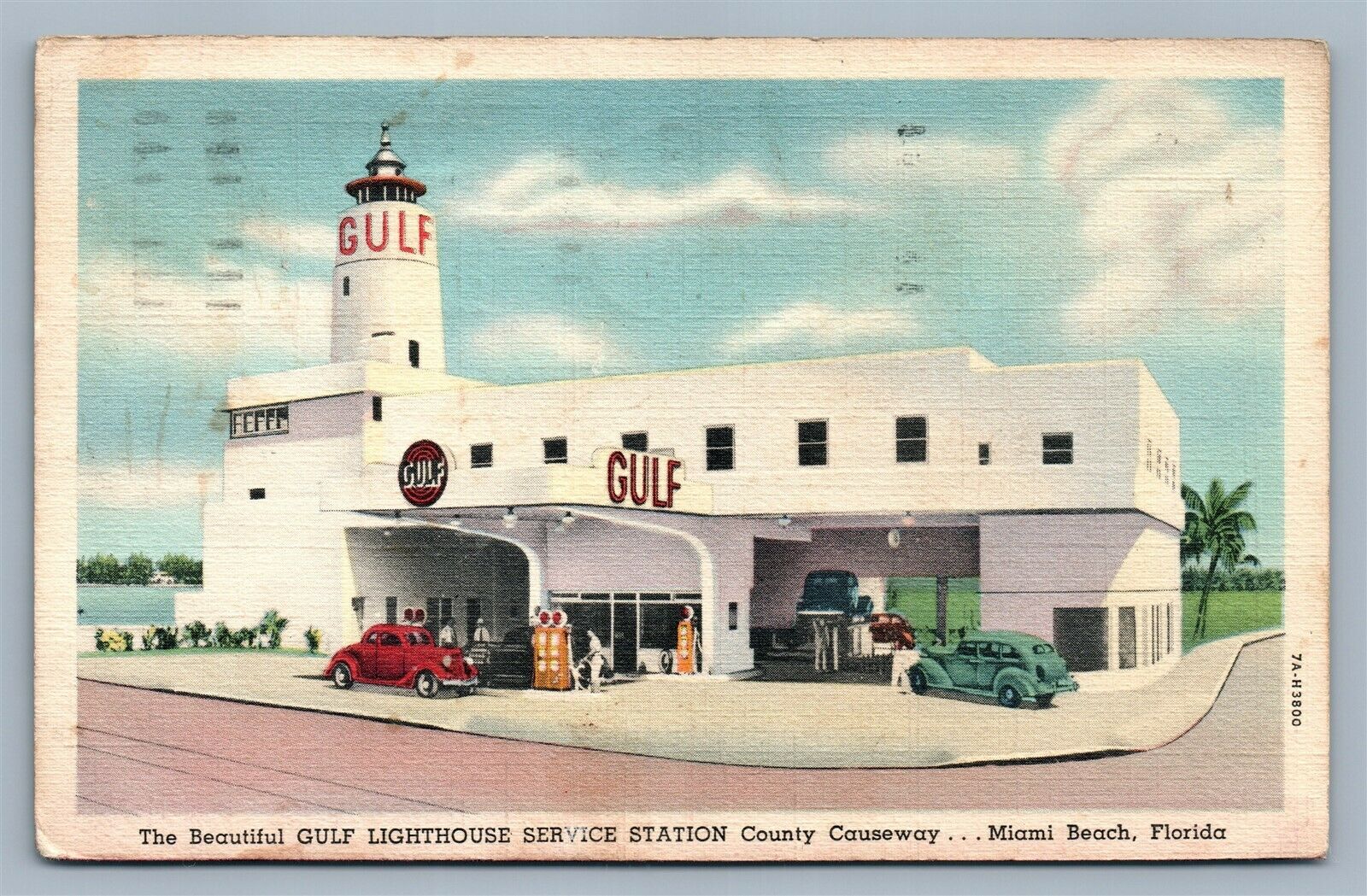 Miami Beach Fl Gulf Lighthouse Gas Station Advertising Vintage Postcard