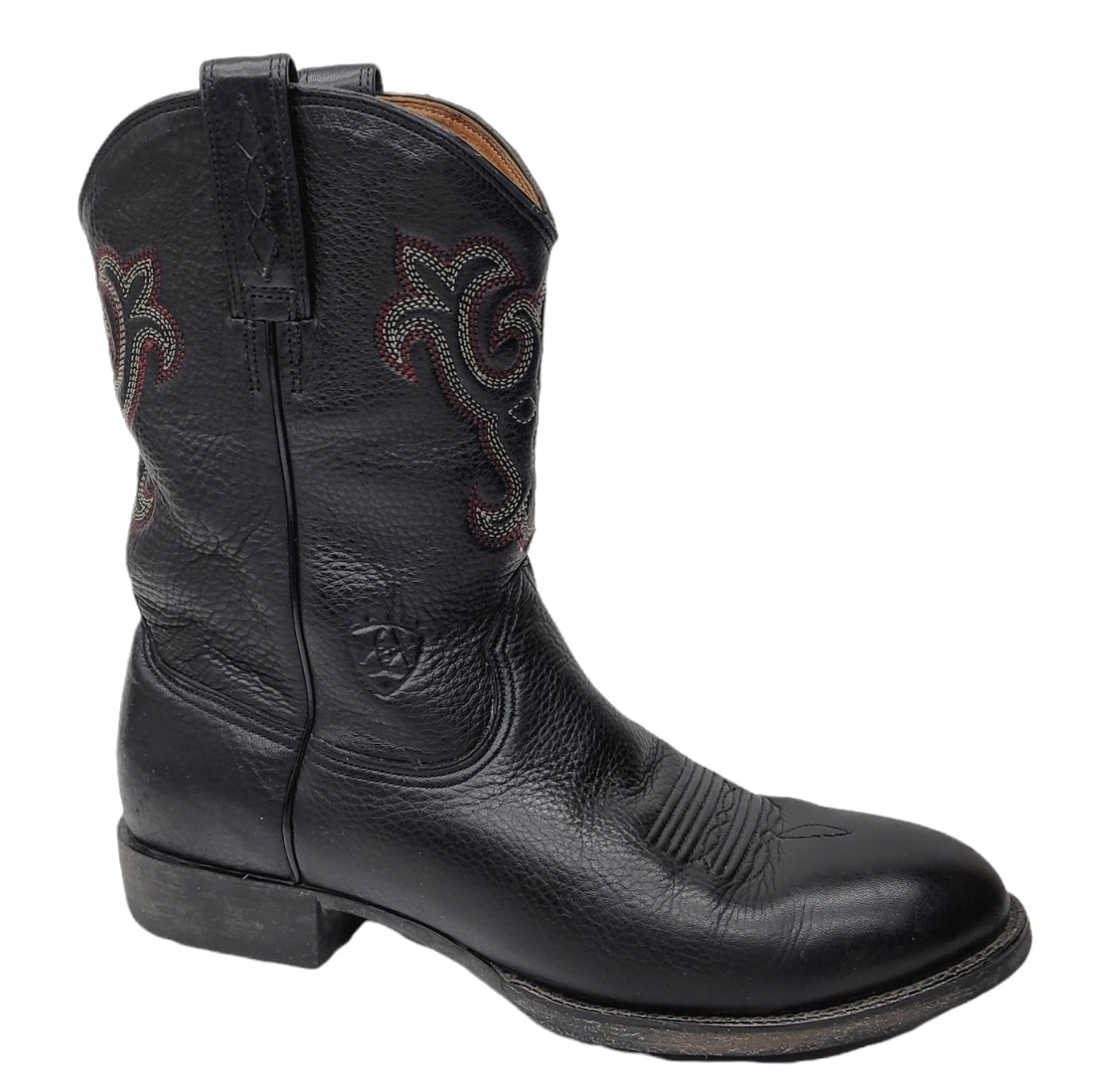 Ariat Womens 9.5b Black Leather Western Boots Red White Stitching Round Toe Ats