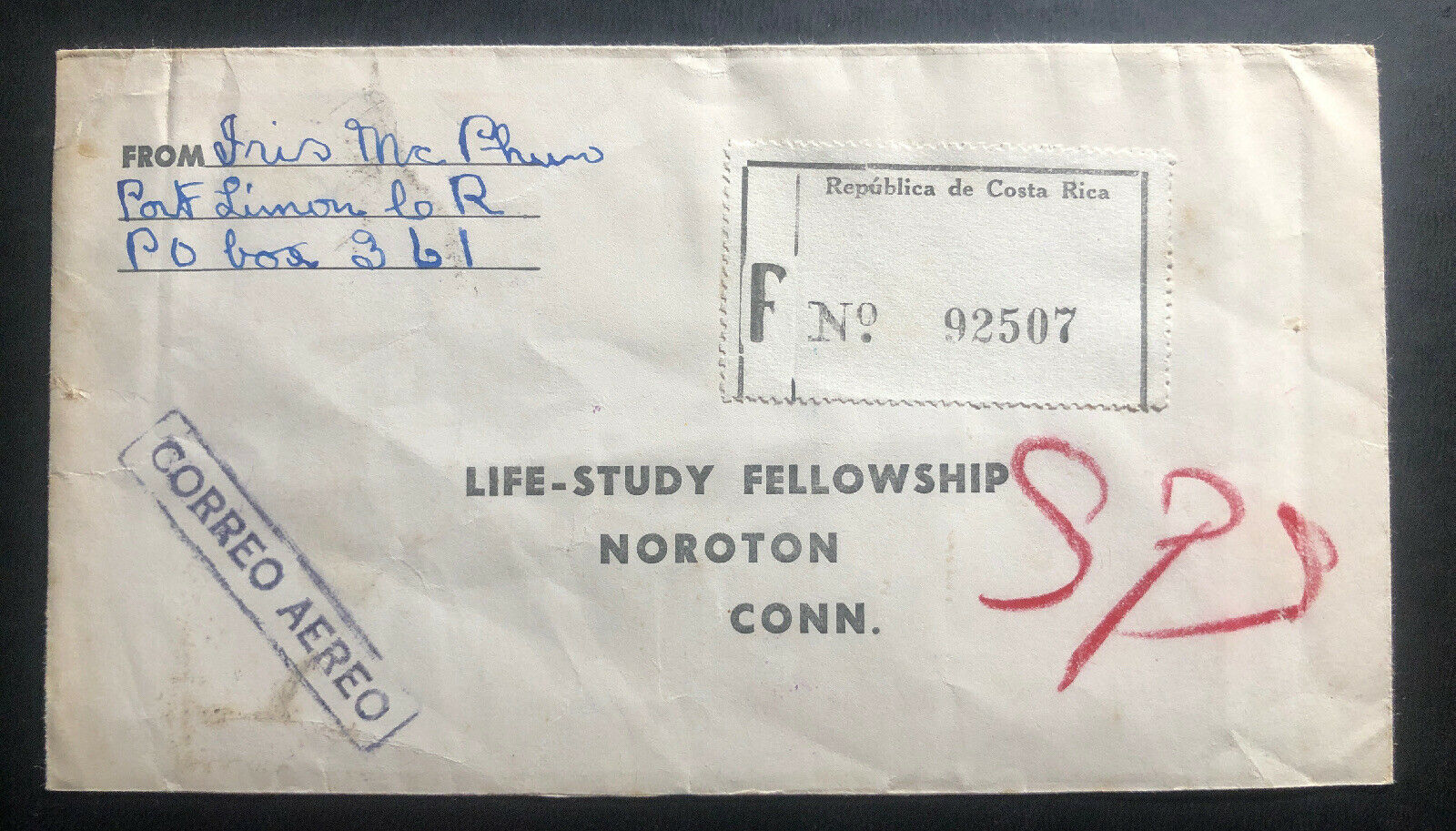 1955 Costa Rica Airmail Registered Cover To Life Study Fellowship