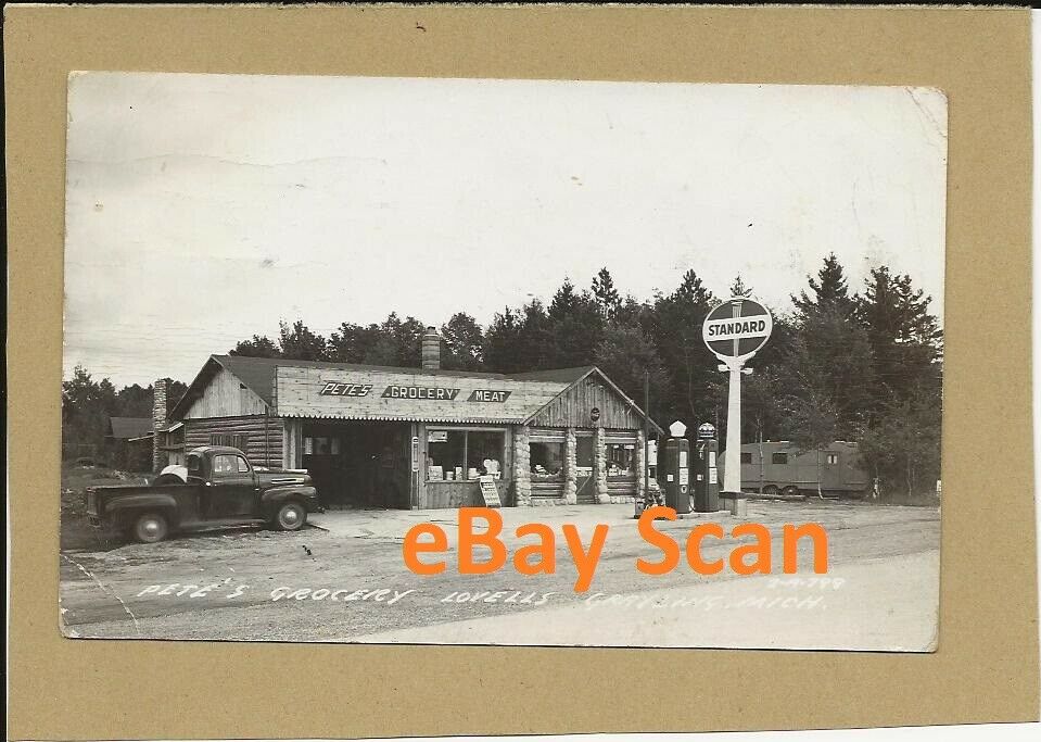 Rppc Pete's Grocery Standard Gas Service Station Grayling Mi Old Postcard   93