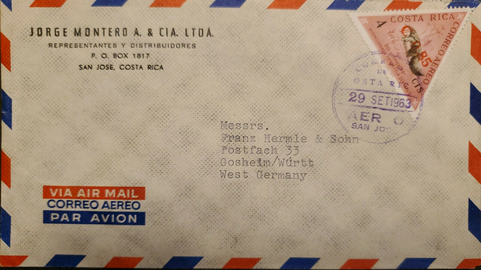 L) 1963 Costa Rica, Triangle, Anteater, Bear, Fauna, Animals, Airmail, Circulate