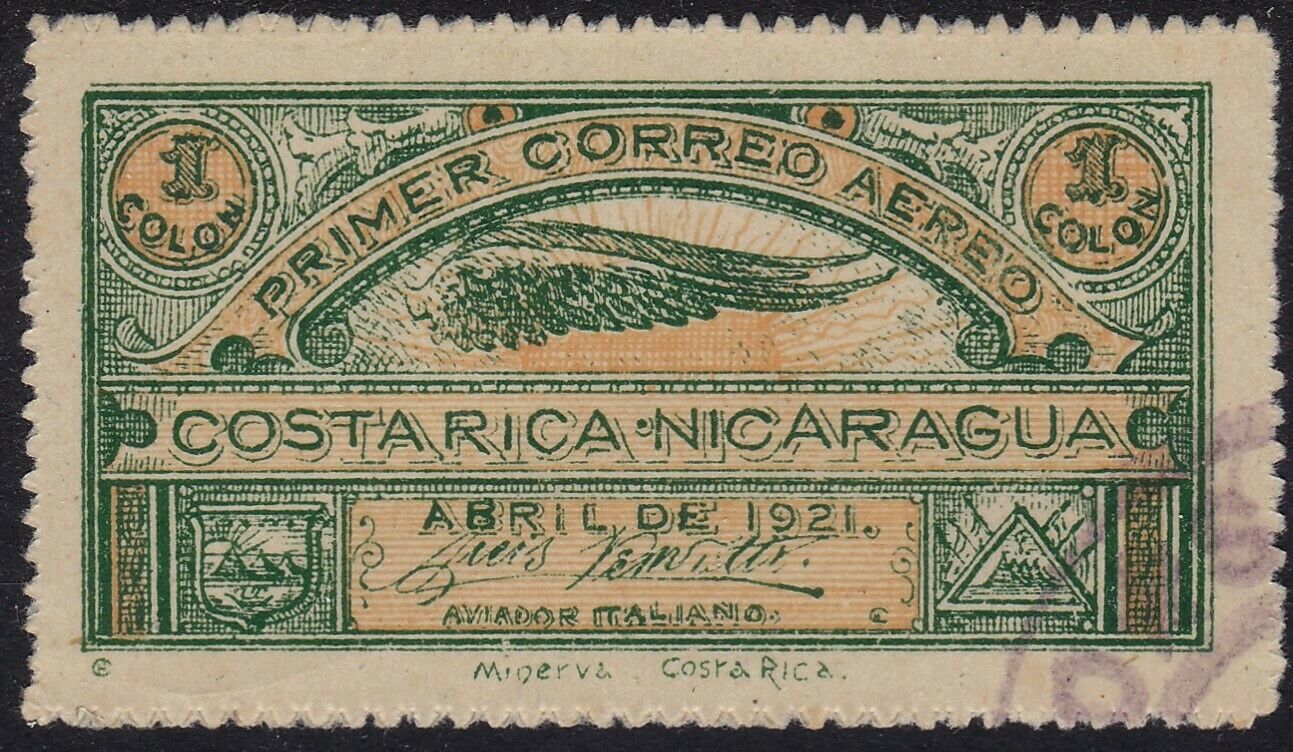 Costa Rica, Airmail Semi-official, 1921, 1c First Airmail Semi-official.