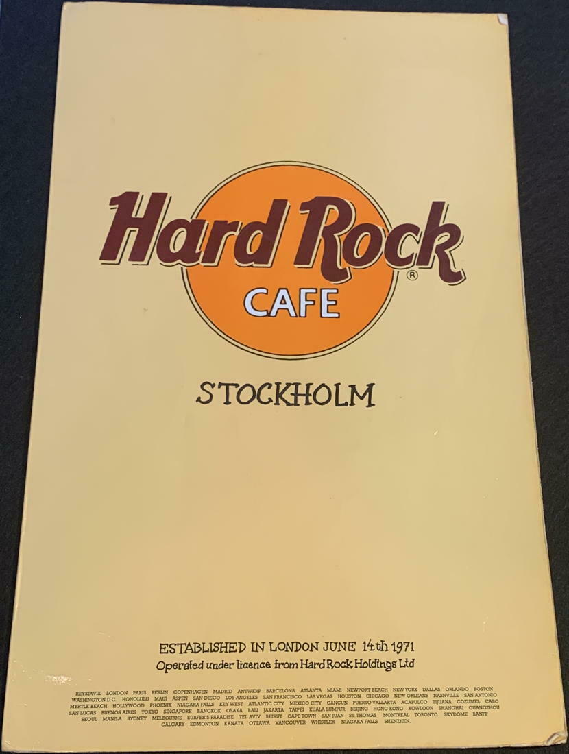 Hard Rock Cafe Stockholm '90s Vintage Menu 15"x9.5" English & Swedish Laminated