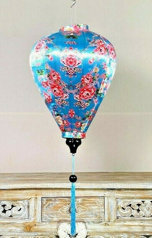 Blue Summer Lantern,traditional Silk Hanging Lanterns, Asian Deck Garden Lantern
