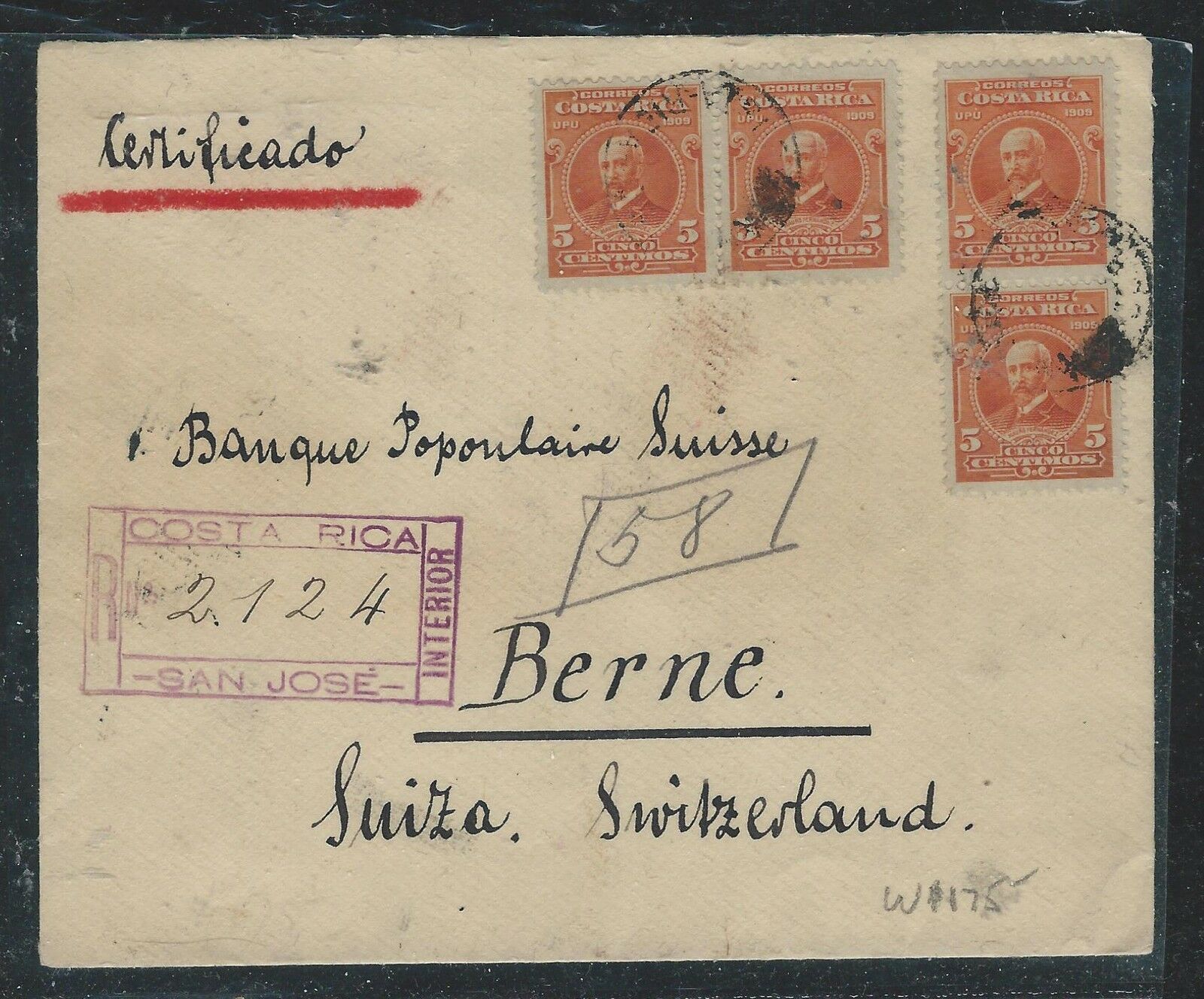 Costa Rica (p1906b) 1915 5cx4 On Reg Cover Via Ny To Switzerland