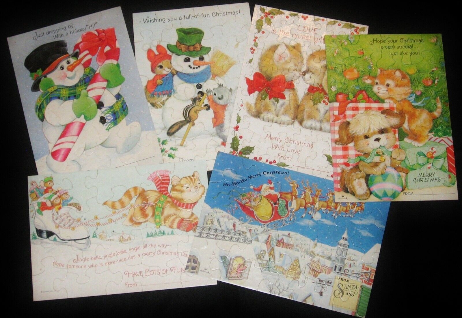 C1970s Hallmark Xmas Vtg Greeting Card Puzzles Lot 6~snowman,puppy&kittens,santa