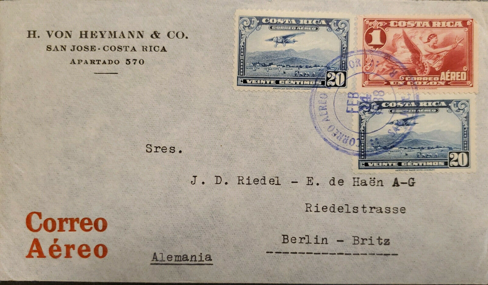 L) 1938 Costa Rica, Allegory, 1 Colon, Red, Airplane, Mail Plane About To Land,