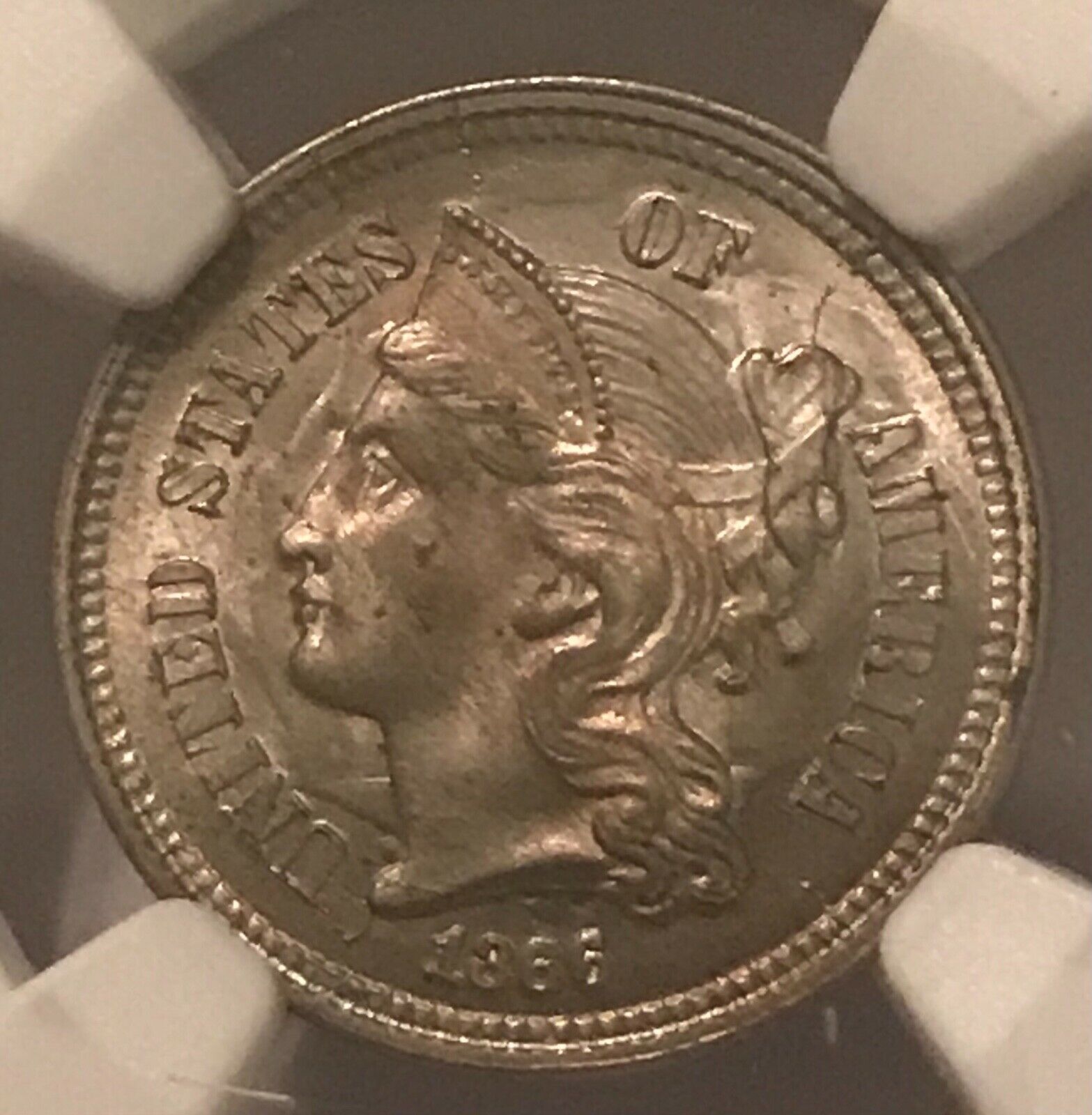 1866. Three Cent Nickel , Choice Brilliant Uncirculated, Ngc 64 , Scarce