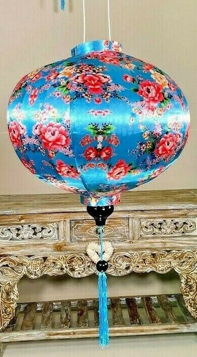 Blue Summer Lantern,traditional Silk Hanging Lanterns, Asian Deck Garden Lantern
