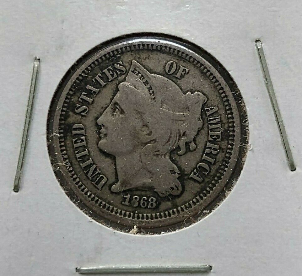 1865 P 3c Liberty Three Cent Nickel Coin Piece Choice Vg Very Good / Fine