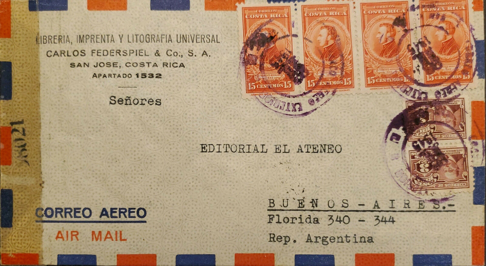 L) 1945 Costa Rica. Francisco Morazan, 15 Cents, Benemerito Cleto Gonzalez, Airm