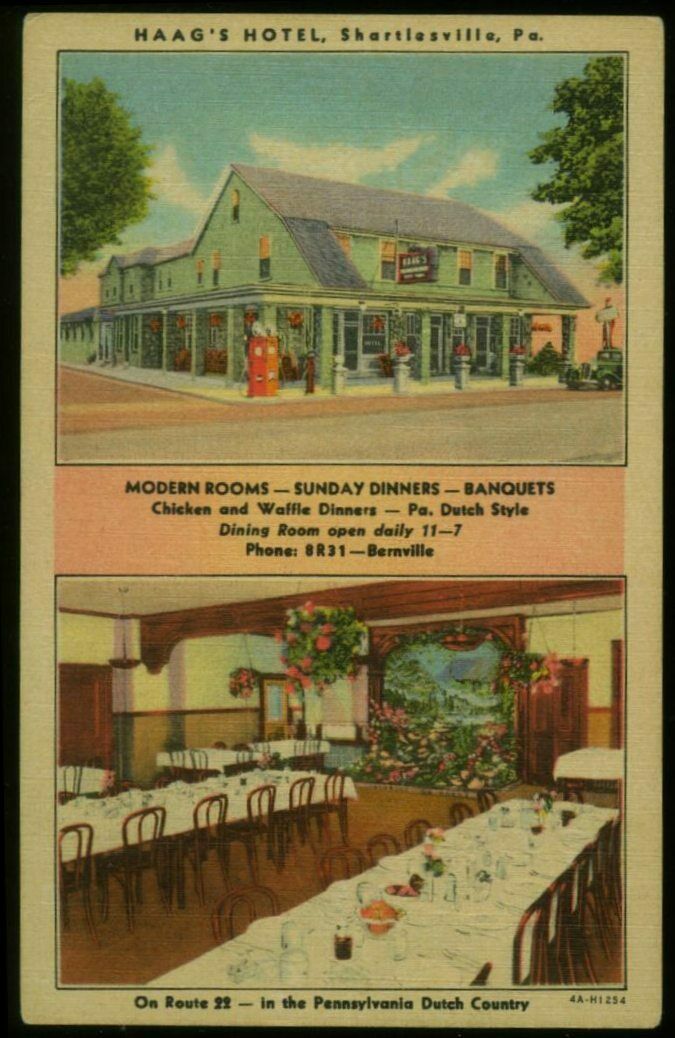 053010 Haag's Motel Shartlesville Pa Roadside Linen Postcard + Gas Pumps 1934