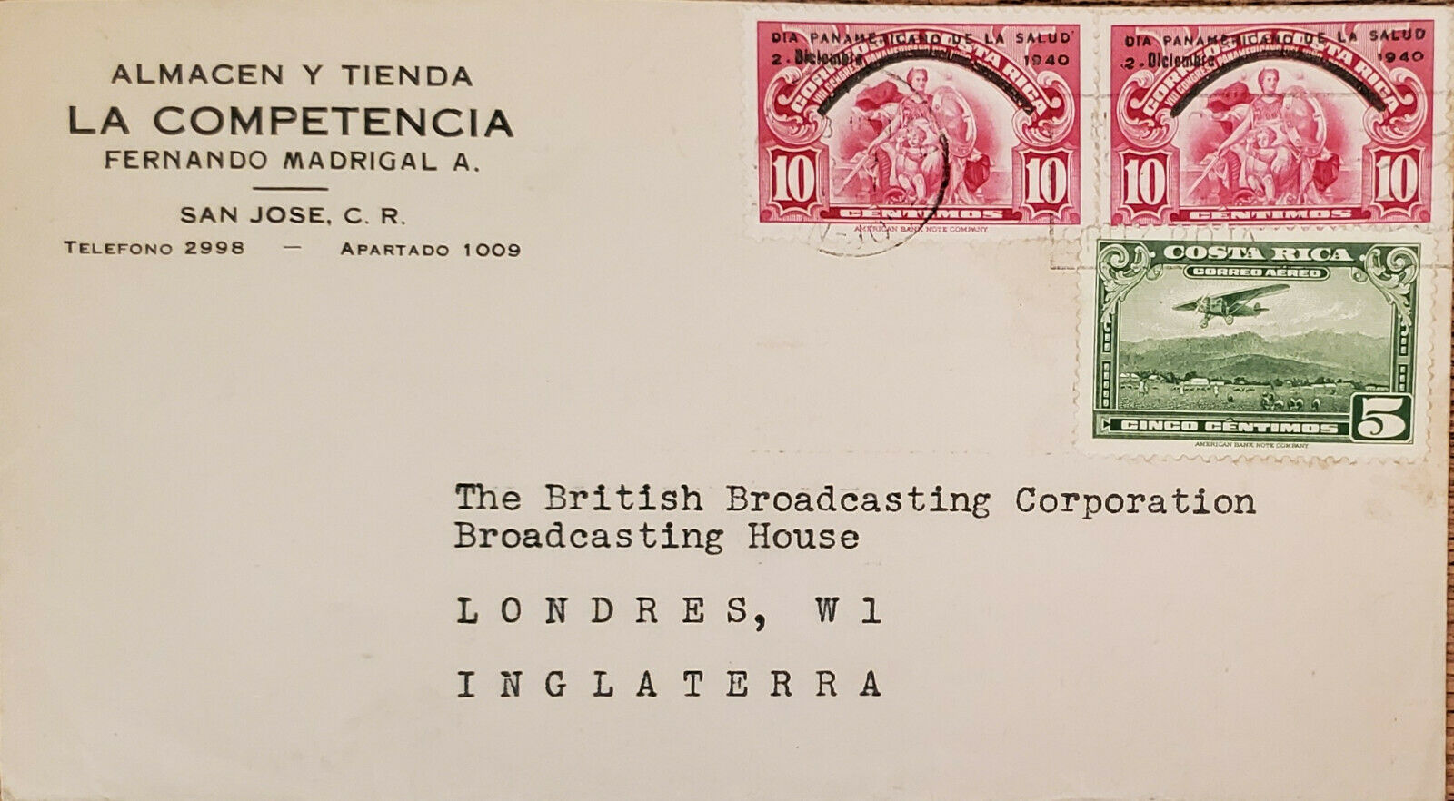 L) 1940 Costa Rica, Pan American Health Day, 10c, Overprint, Airplane, 5c, Green