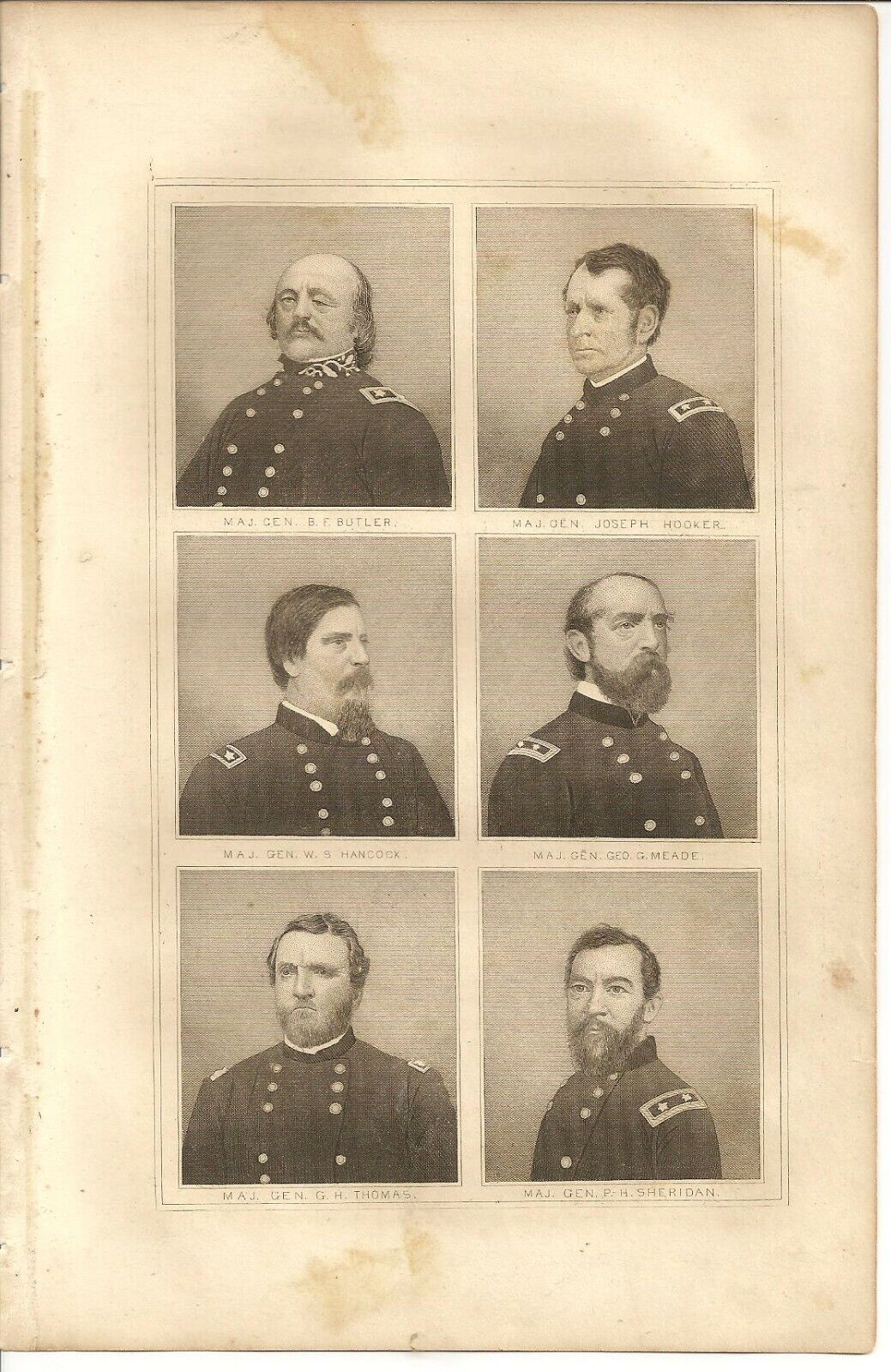 Civil War Engraving Union Generals Phil Sheridan, George Thomas, George Meade