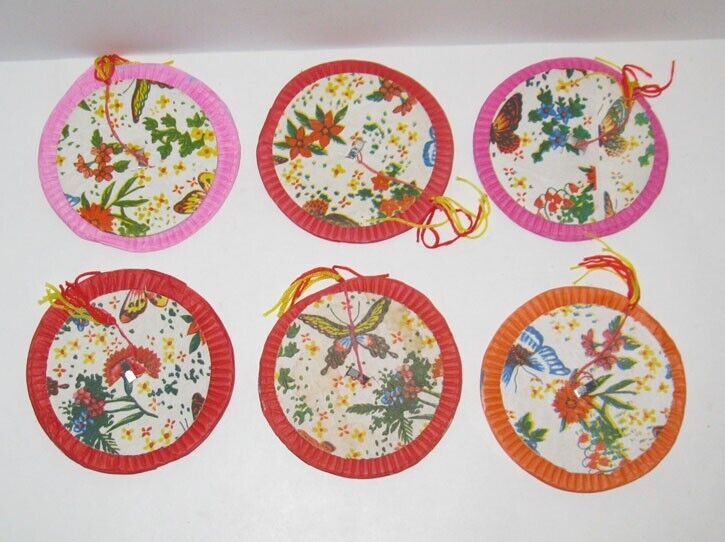 6 Vintage Paper Chinese Lanterns 3.75" Round Colorful Accordion Style W/tassels