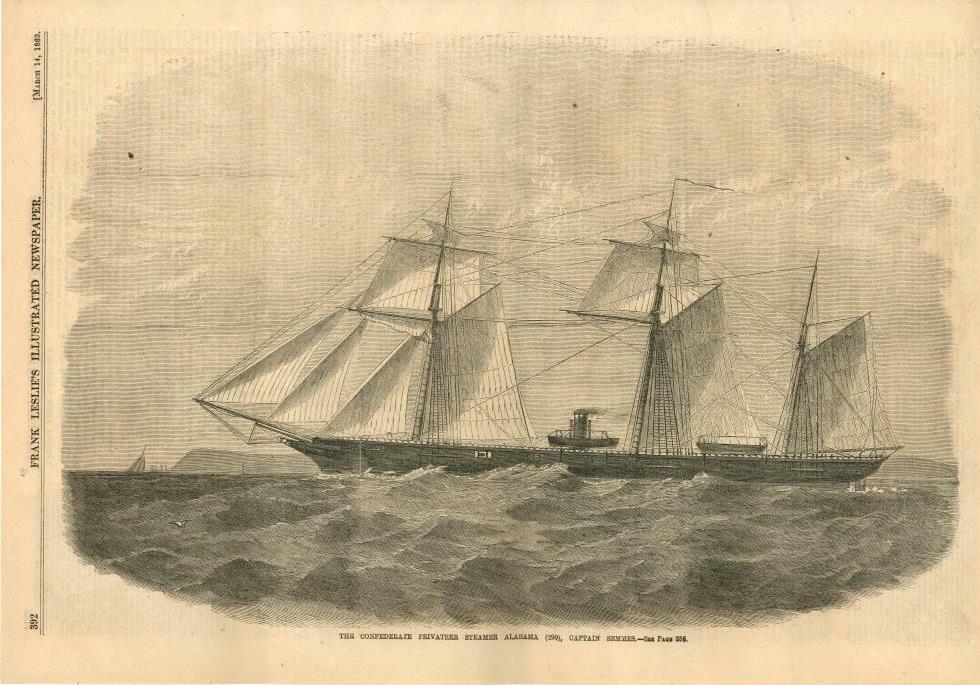 The Confederate Steamer Aabama (290) Capt. Semmes  - Civil War - Leslie's  -1863