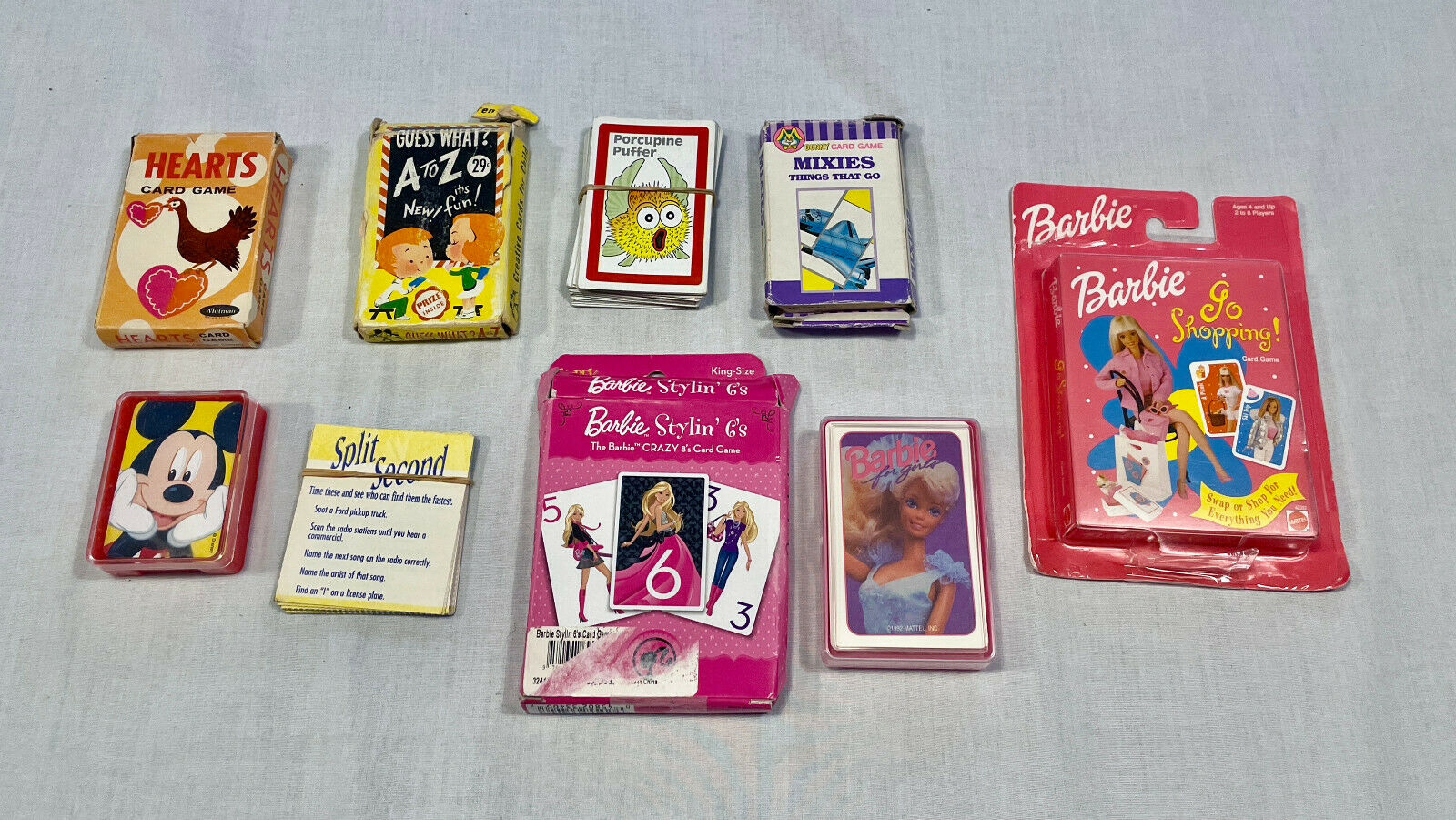 Super Lot Of 9 Kids Card Games - 3 Barbie, Mickey Mouse, Hearts - Some Vintage